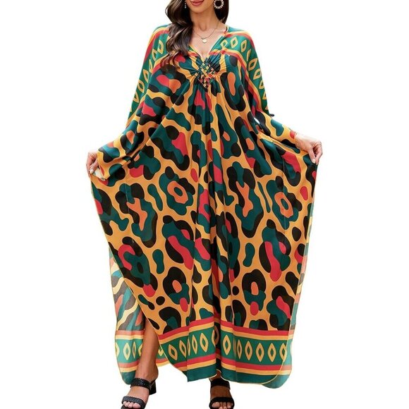 Dresses & Skirts - Women Orange & Green V-neck Batwing Sleeve Flowy Split Hem Bohemian Kaftan Dress